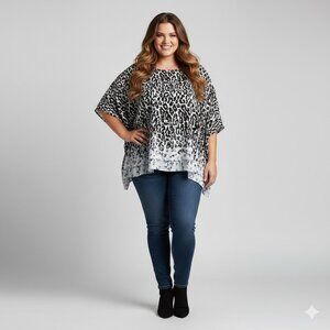 Ava & Viv Women's 2X/3X Leopard Print Poncho Blouse Black White Layered Hem Top